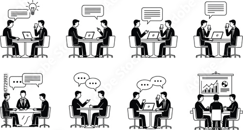 Business discussion silhouettes set, corporate meeting teamwork brainstorming presentation negotiation icons isolated on white background vector illustration collection modern professional