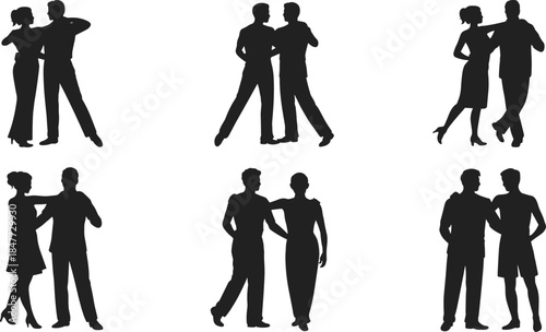 Couple dancing silhouettes set, romantic partners ballroom tango social dance poses isolated on white background vector illustration collection modern elegant