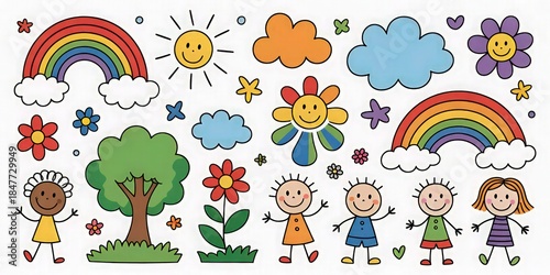 Cute Rainbow and Flower Doodle Illustration for Children.