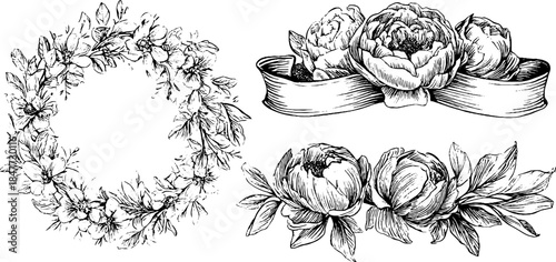 Vintage floral wreath and flower banners drawing for design and decoration