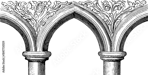 Vintage architectural flying buttress engraving set for historical design and decor