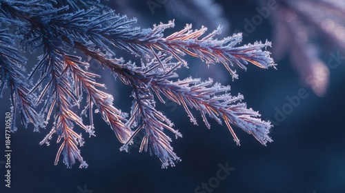Frosted pine tree branch with needles covered in ice creating winter texture detail against a dark background