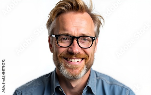 Portrait of handsome middle age man with blond hair and beard wearing eyeglasses, isolated white background. High quality