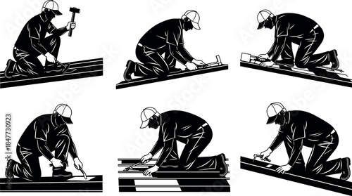Carpenter silhouette working, construction tasks, kneeling worker, black vector illustration, DIY repair, woodwork process, flooring installation, tool usage