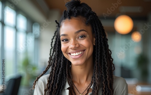 Young woman with dreadlocks smiles confidently in a modern office setting during daytime. High quality