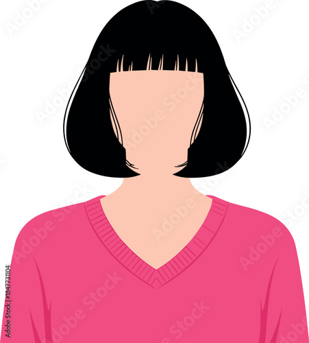 Female avatar icon, black bob haircut, pink sweater illustration, faceless woman vector, minimal design, profile graphic, abstract character art