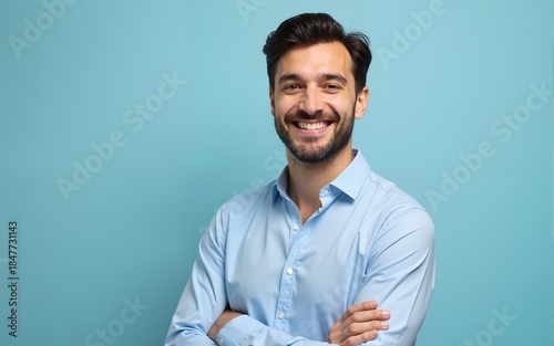 Charming man in a light blue shirt standing confidently on a transparent background. Professional concept. Generative AI. High quality