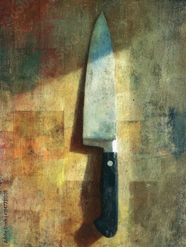 Chefâ€™s knife on worn cutting board Close-up of knife resting on wood, subtle reflections, deep shadows, tactile realism, quiet moment between service rush