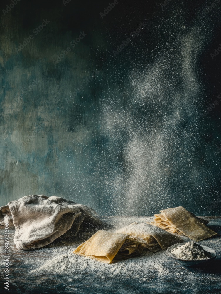 Fototapeta premium Fresh pasta dusted with flour Handmade pasta on dark surface, flour catching light, tactile textures, Italian kitchen mood, painterly realism.