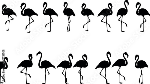 Flamingo silhouette puzzle, visual matching exercise, black bird icon, standing flamingos, pattern recognition, minimal vector design, wildlife concept, graphic art