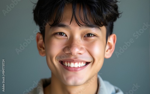 Portrait of the face of an Asian young man with a happy expression, studio shoot. High quality
