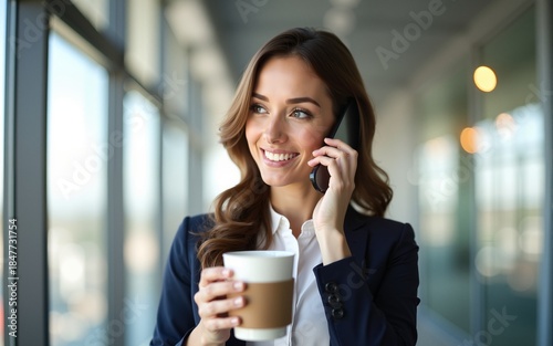 Charming businesswoman holding coffee cup and using mobile phone in bright modern office. High quality