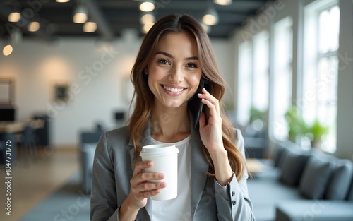 Charming businesswoman holding coffee cup and using mobile phone in bright modern office. High quality