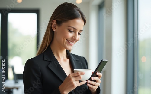 Charming businesswoman holding coffee cup and using mobile phone in bright modern office. High quality