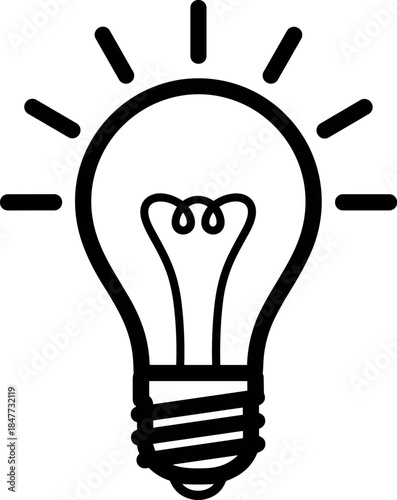 Light bulb icon, idea symbol, innovation concept, creativity illustration, black and white sketch, filament glow, brainstorming, minimal design, vector art