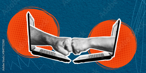 A creative halftone collage. Unity fist bump, friendship and solidarity. The hands of two men, joined in a sign of support and trust, emerge from laptop screens.