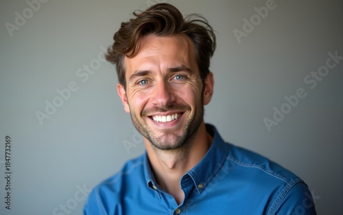 Portrait of handsome man in blue shirt with smiling face. High quality