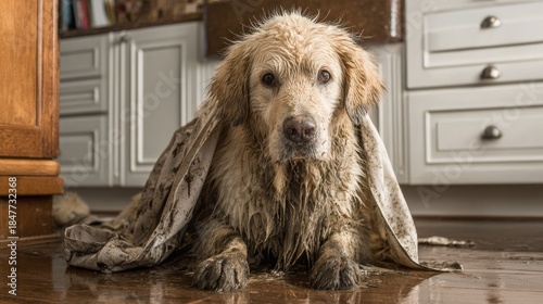 Wallpaper Mural Golden retriever dog wet towel indoors after bath looking at the camera Torontodigital.ca
