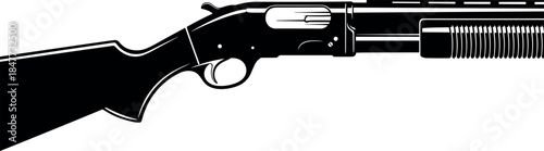 Pump-action shotgun silhouette, firearm icon, weapon illustration, tactical gun, hunting gear, black and white vector, minimal design, safety concept
