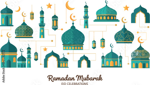 Ramadan Eid celebration, mosque lantern crescent, Islamic festive design, golden stars vector, religious holiday art, cultural greeting, decorative illustration