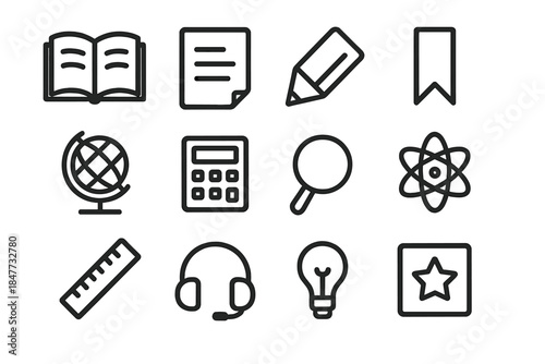 Study Icon Set. New Year resolutions notebook – Study & Learning. Line outline icon set of Study & Learning: