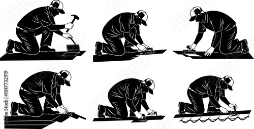 Roofing worker silhouette, construction labor, kneeling man, hammering shingles, black vector illustration, home repair, building maintenance, DIY concept