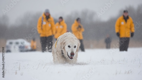 Wallpaper Mural Golden retriever running through snow with people in the background Torontodigital.ca