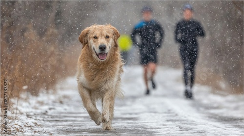 Wallpaper Mural Golden retriever runs towards camera with runners in snowy background Torontodigital.ca