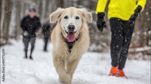Wallpaper Mural Golden retriever runs through snow with people in background winter activity Torontodigital.ca