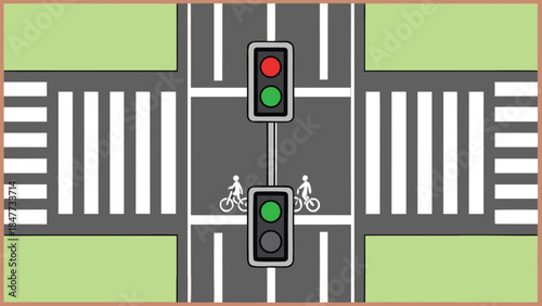 Overhead view of intersection with traffic lights and bike lanes