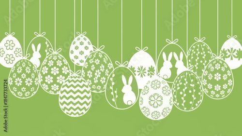 White outlined Easter eggs and bunnies hanging on a light green background, decorated with various patterns and floral designs for a festive spring celebration.