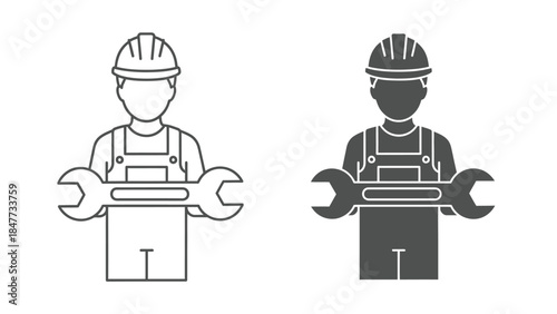 Mechanic worker icons in line art and solid silhouette with wrench