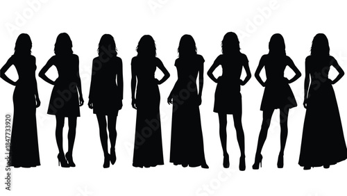 Set of eight elegant female silhouettes in formal and cocktail dresses