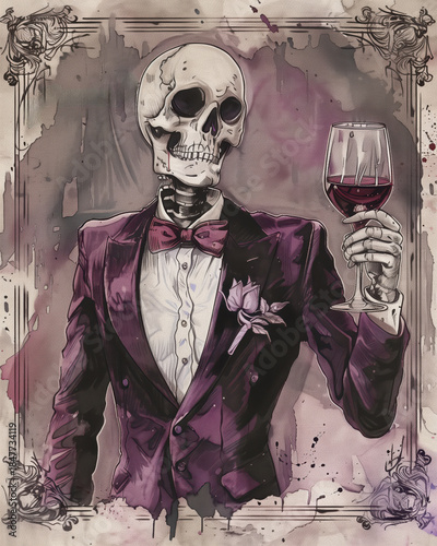 Elegant skeleton enjoying a glass of red wine in a hauntingly sophisticated Halloween setting