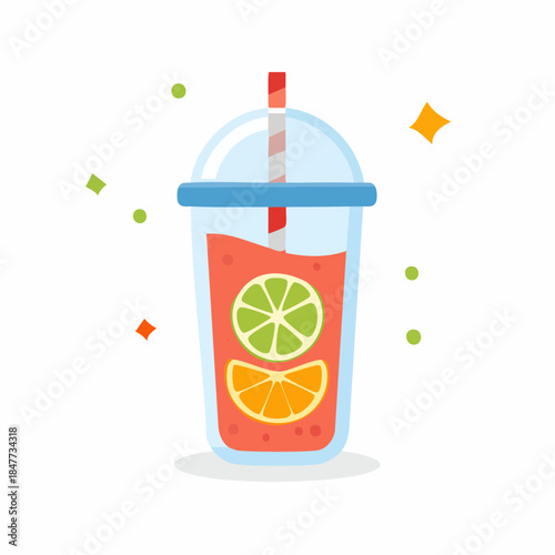 Refreshing Fruit Juice in Plastic Cup with Straw and Citrus Slices.