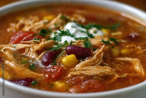 Delicious closeup of easy chicken taco soup recipe with vibrant ingredients and rich flavors in a cozy kitchen setting