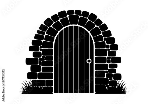 A black and white illustration of a stone archway with a closed wooden gate.