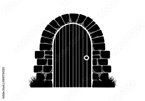 A black and white illustration of an arched stone doorway with a barred gate and grass.
