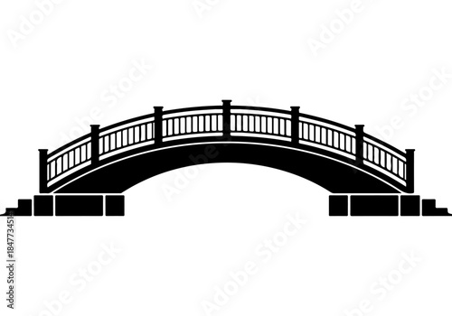 Black silhouette of an elegant arched bridge with decorative railings and steps on a white background, depicting a classic garden or park structure.