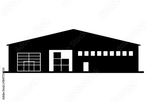 Black silhouette of a warehouse building with stacked boxes and loading docks, representing industrial storage and logistics.