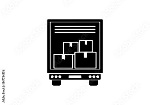 A black and white icon showing the rear view of a delivery truck loaded with cardboard boxes, representing logistics and shipping.