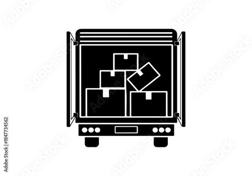 Illustration of the back of a delivery truck with its doors open, loaded with several cardboard boxes.