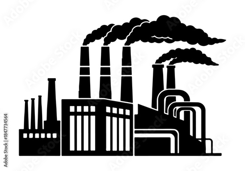 Black silhouette of an industrial factory with multiple smoking chimneys, symbolizing pollution and industry.
