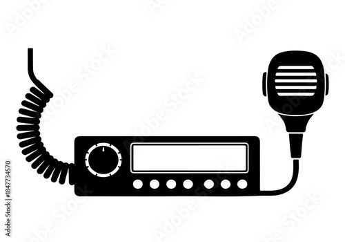 Black silhouette of a vintage CB radio with a microphone and coiled cord on a white background.
