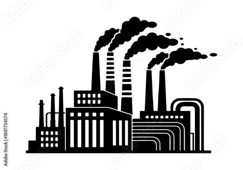 A black silhouette of an industrial factory with multiple smokestacks emitting dark smoke against a white background, symbolizing industry and environmental impact.