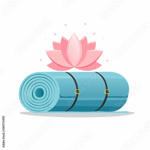 Rolled Yoga Mat with Lotus Flower Fitness and Wellness Illustration.