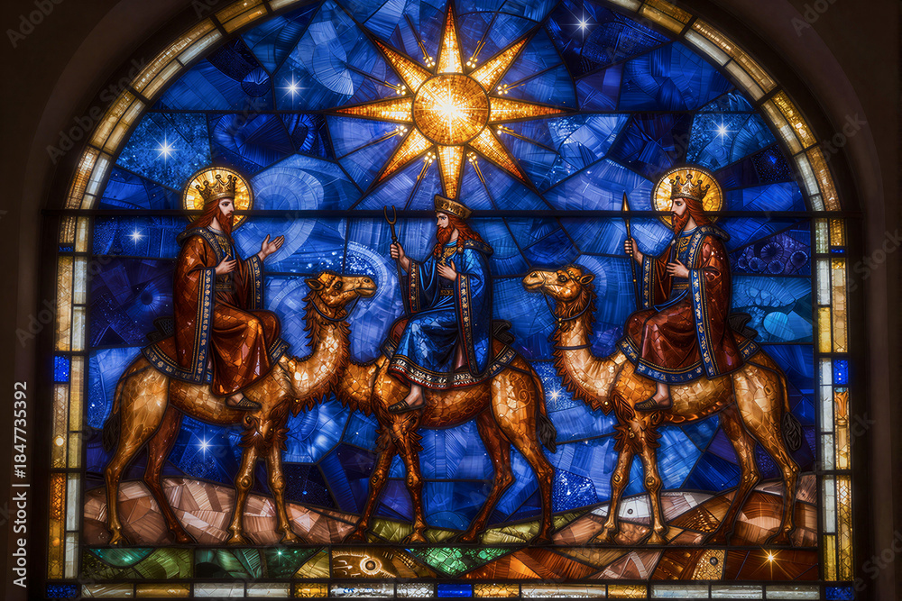 Fototapeta premium Three Kings following the star stained glass window style art