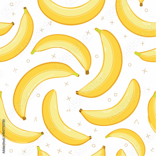 Seamless Pattern of Yellow Bananas with Geometric Shapes on White Background.