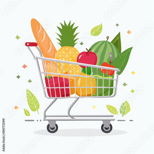 Shopping Cart Filled with Fresh Fruits and Vegetables.