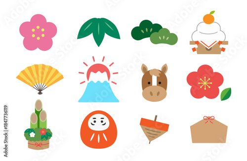 日本のお正月のモチーフ素材セット